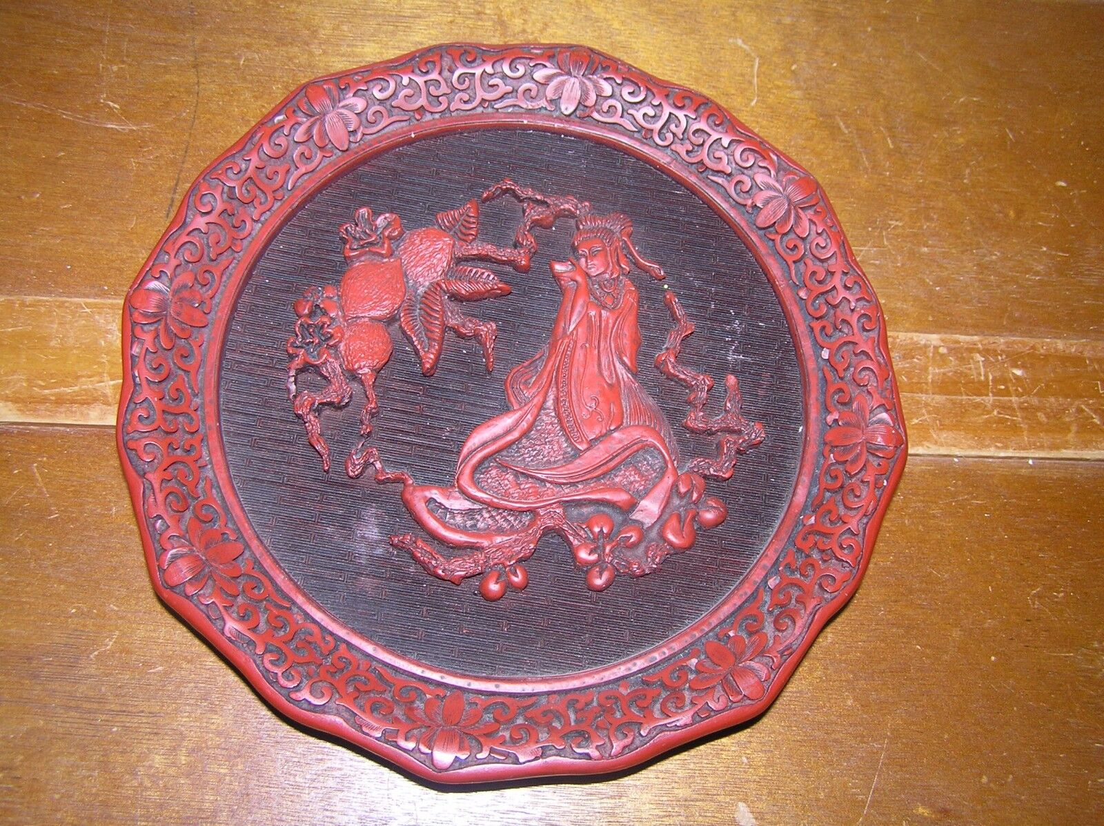 Vintage Brass Backed Deeply Carved Asian Oriental Red Cinnabar Plate The Sense 