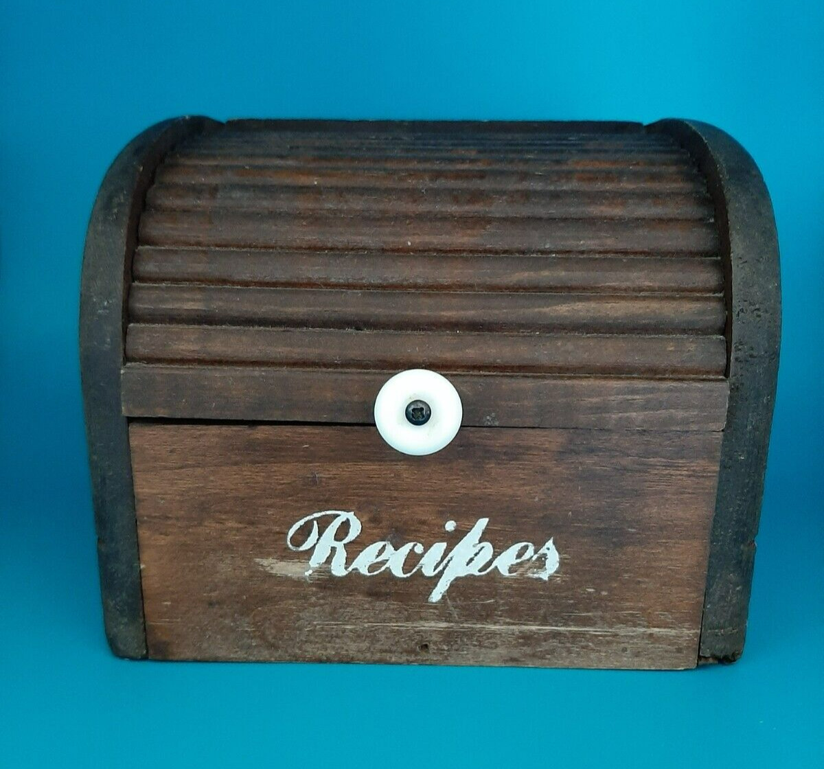 Vintage Rustic Wooden Recipe Box with Hinged Faux Rolltop Lid