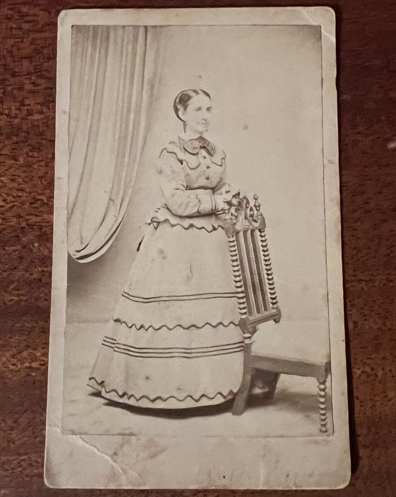 ATQ 1860s CDV Photo Woman Layered Hoop Skirt Horizontal Stripes Baltimore MD