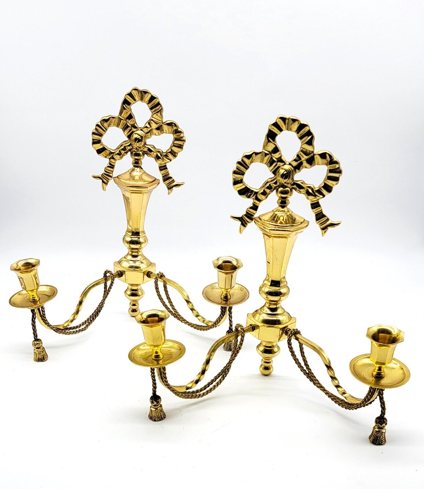 Pair of Lacquered Double Armed Brass Wall Mounted Candleholders Braided Rope MCM