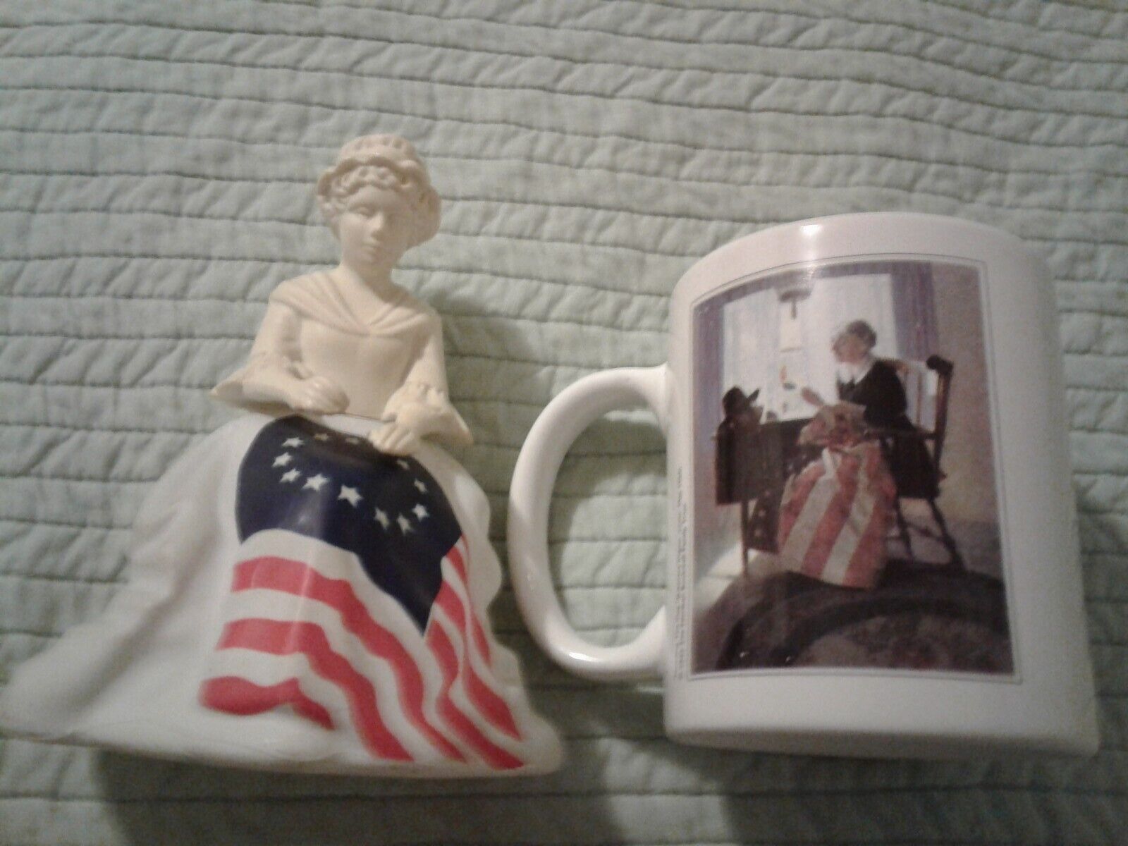 Vintage 1976 Avon Betsy Ross Mending American Flag Figurine &Norman Rockwell Mug