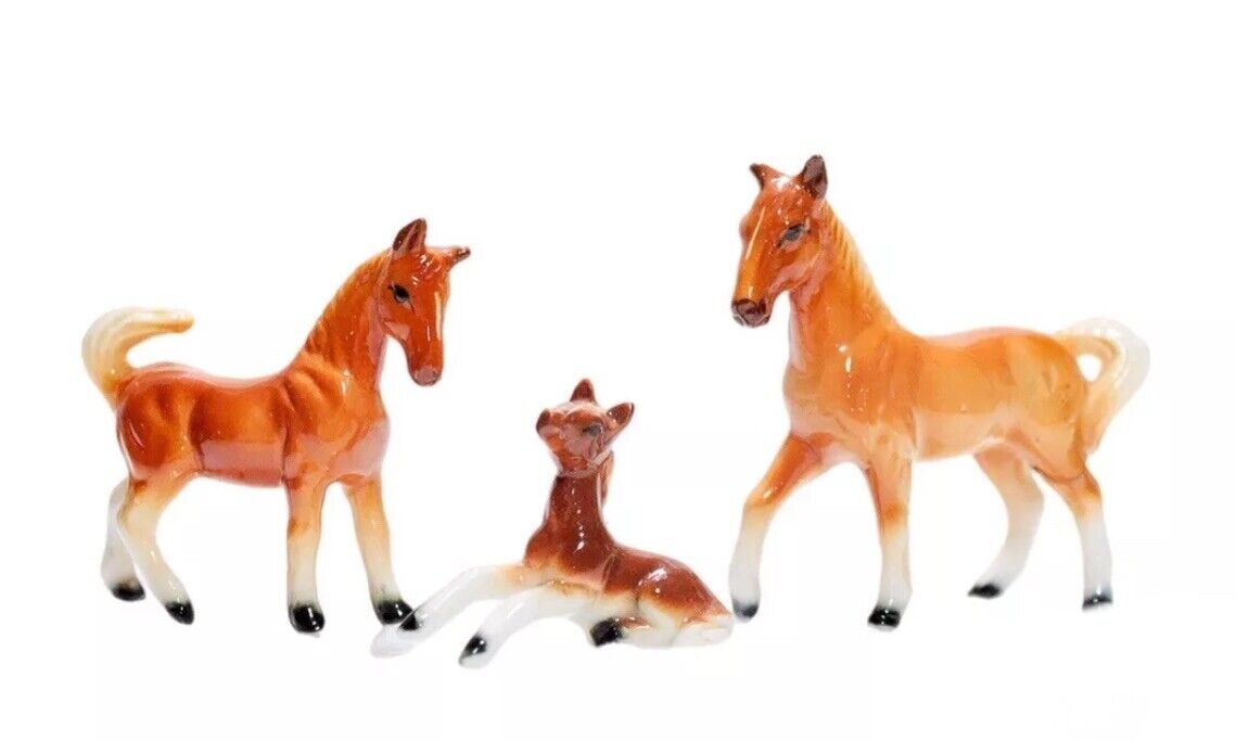 3 Vintage Miniature Porcelain Horses Animal Hand Decorated Grouping