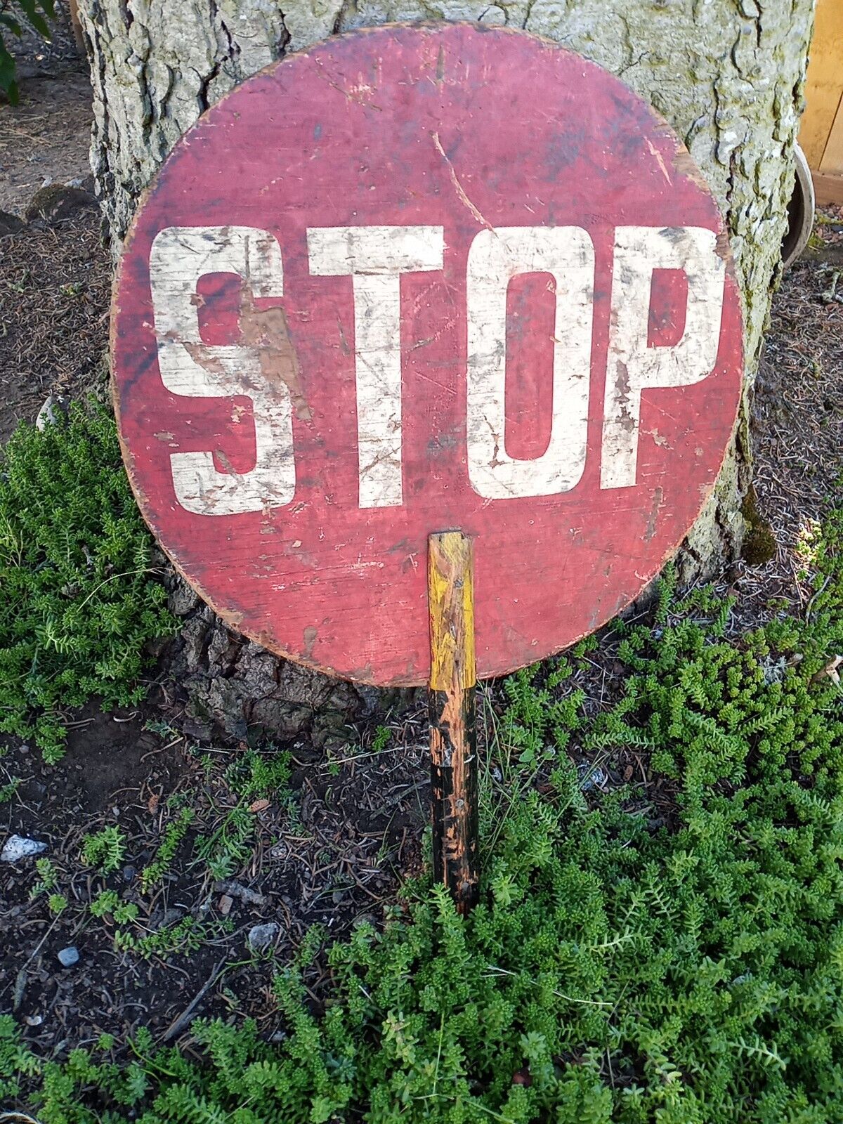 Vtg  Hand Held Round Wood Stop Yield Sign All Wood All Original