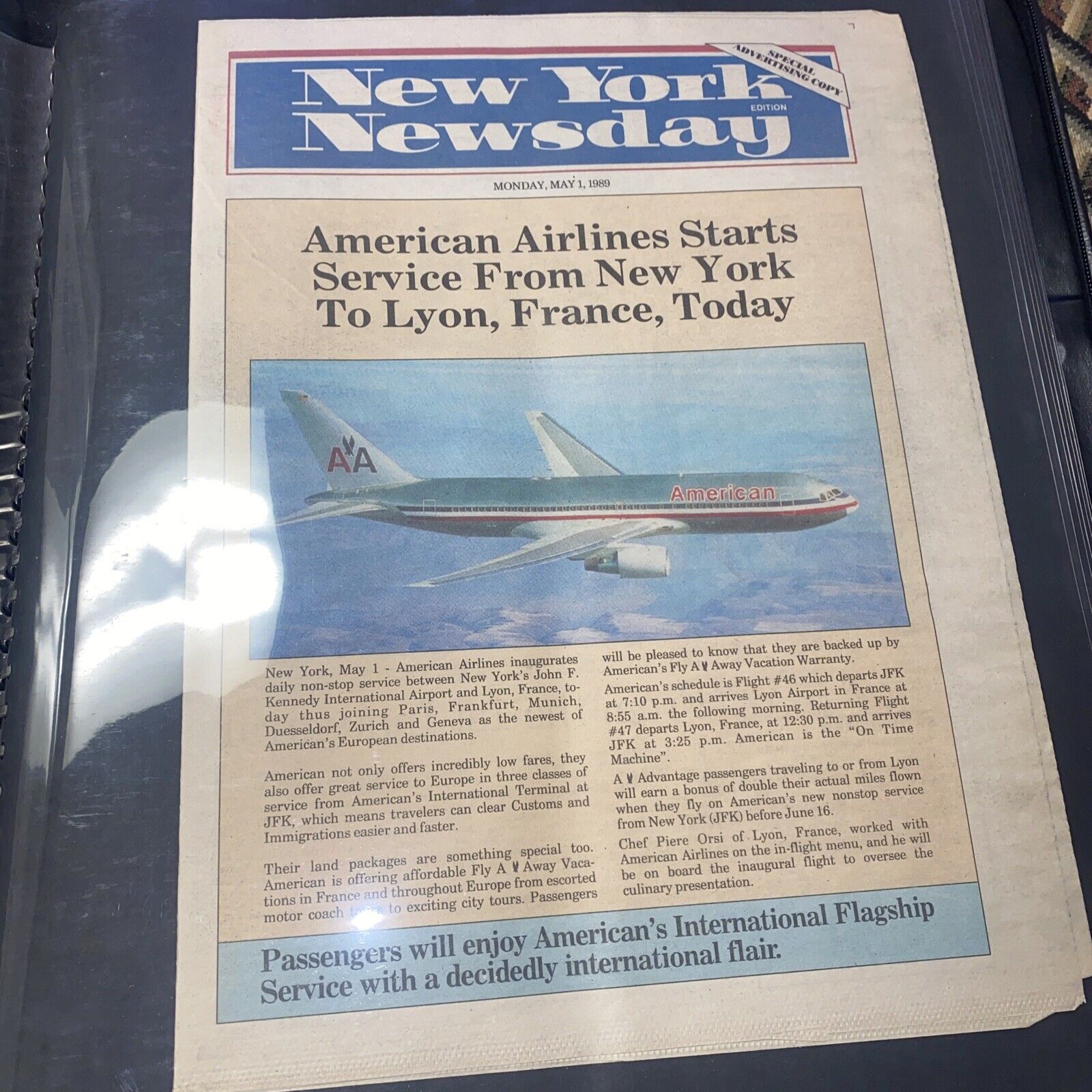 Newsday Front page May 1, 1989 American Airlines Starts Service from New York