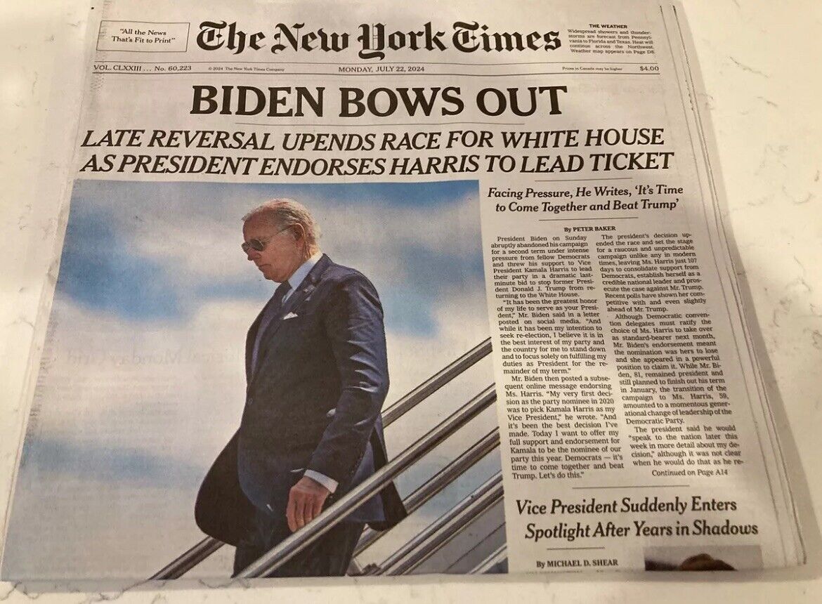 New York Times NYT Newspaper Monday July 22, 2024 BIDEN BOWS OUT