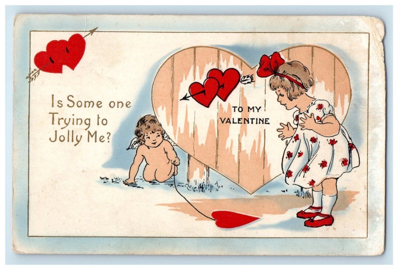 Valentine Cupid Angel Heart Trap Little Girl Dress Ribbon Antique Postcard