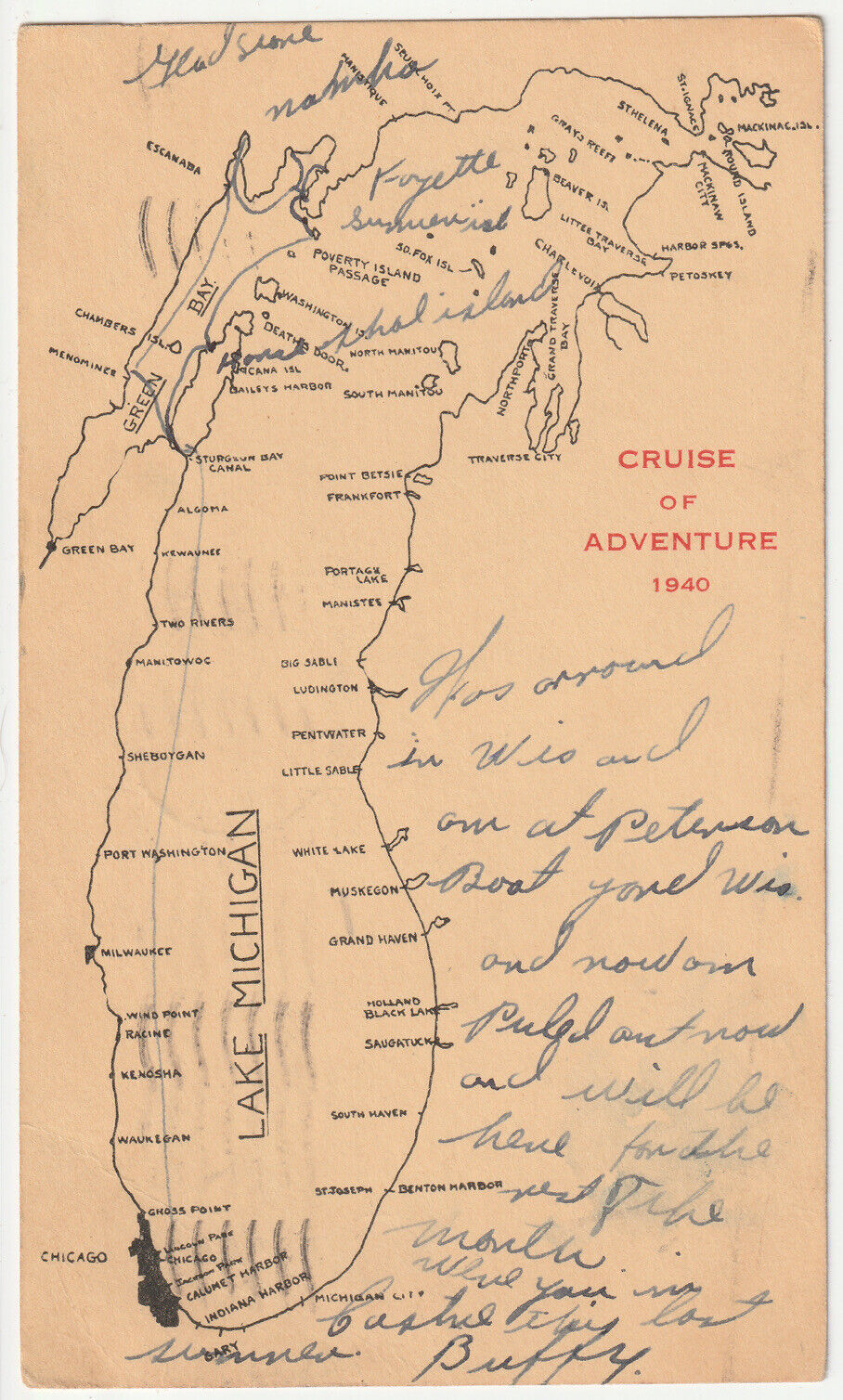 c1940s~Lake Michigan Cruise of Adventure~Tourist Map~Vintage Souvenir Postcard