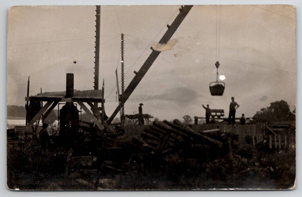 RPPC Construction Crane Workers Logging Near Fox River Wisconsin  Postcard T27