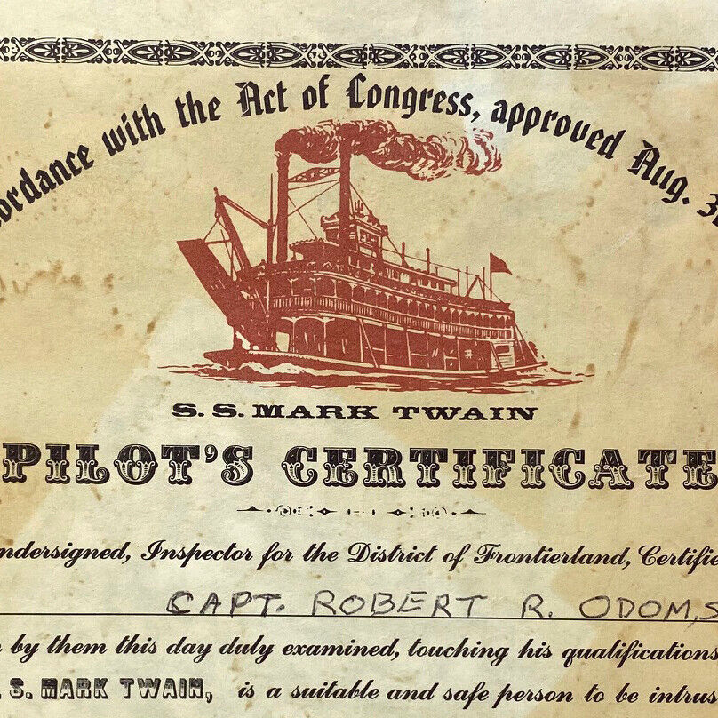 Vintage 1963 Disneyland SS Mark Twain Pilot's Certificate Rivers of America