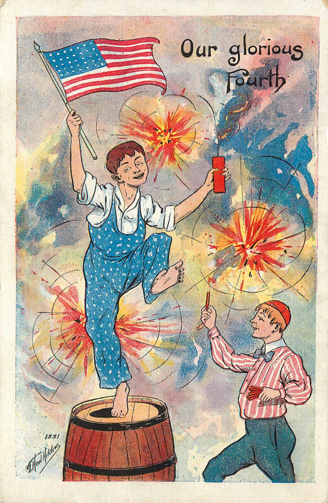 Postcard 4th Of July boys Dance and Light Firecrackers S/A Hilder 1351