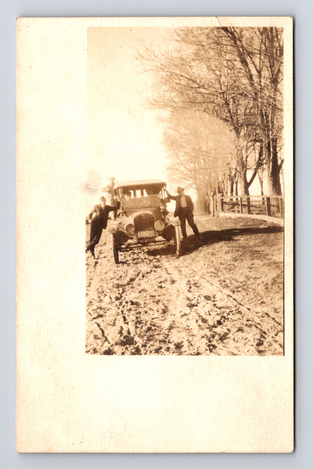 RPPC Men with 1910s Car on Dirt Road Real Photo Postcard