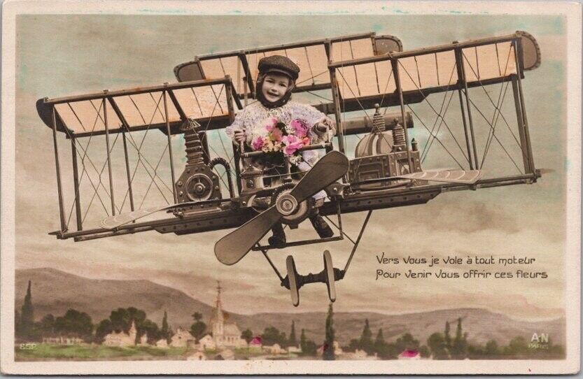 Vintage 1910s French Romance Greetings Postcard Girl Airplane / Biplane / UNUSED