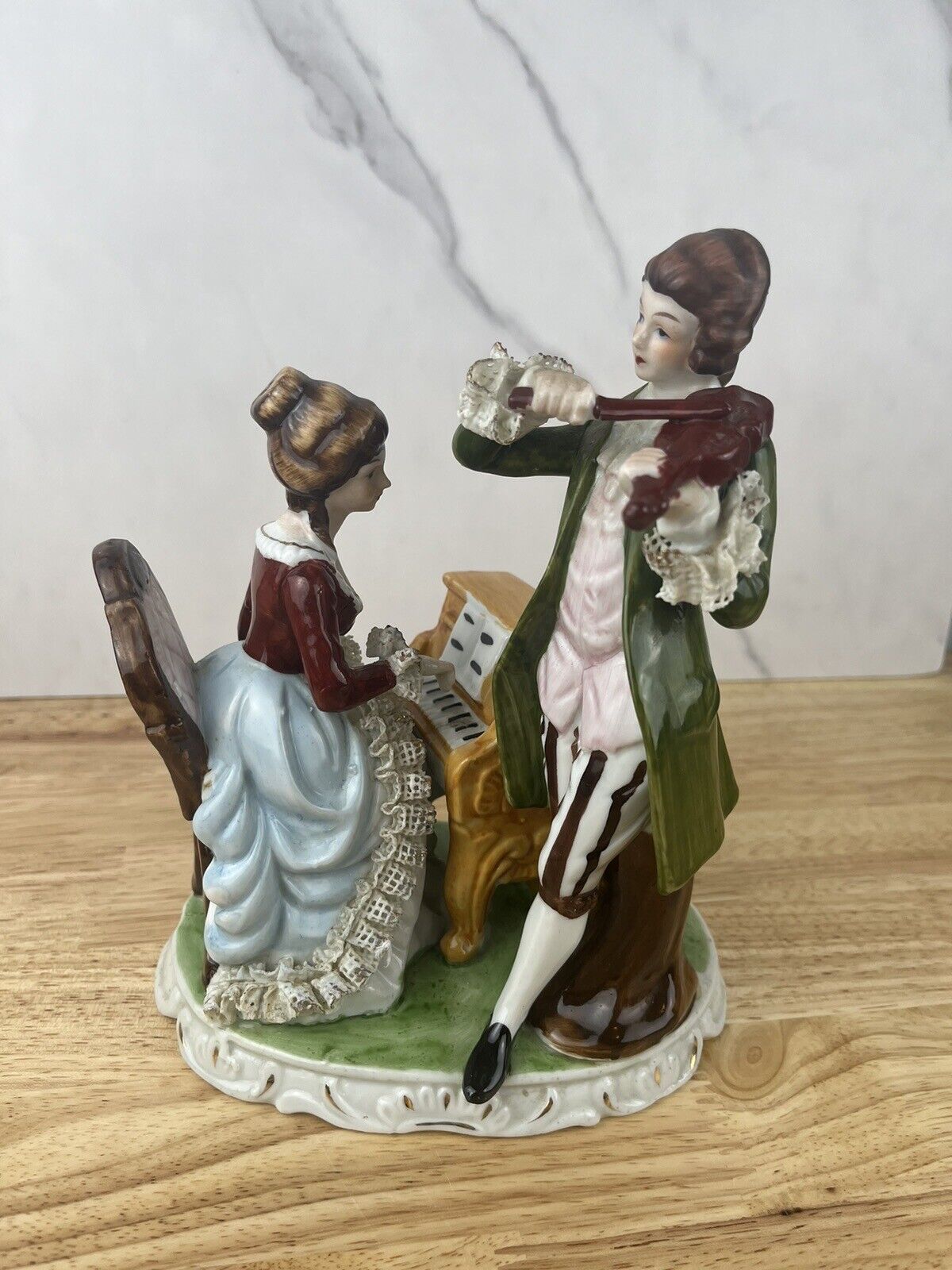 Victorian Figurine of Lady on piano and Man w/ Violin Lace Detail Unmarked