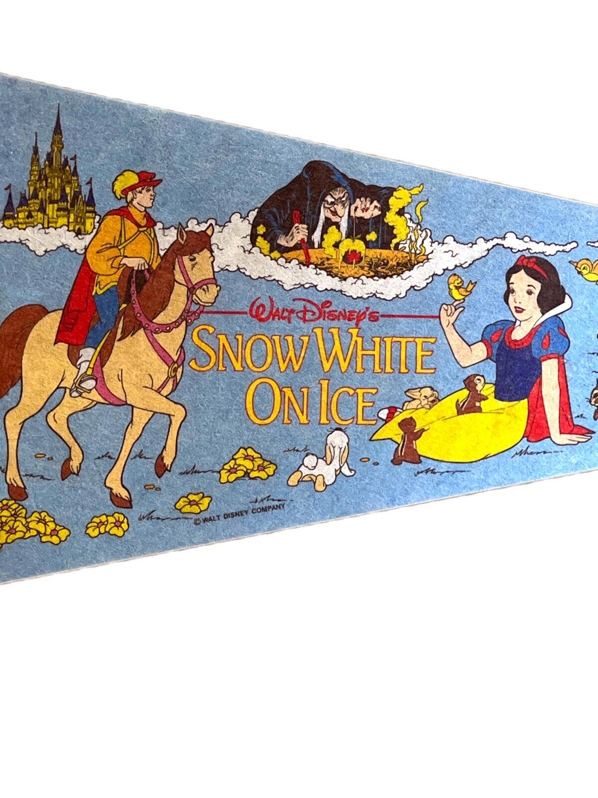 Vintage Rare Disneyana Walt Disney Pennant Snow White On Ice With Seven Dwarves