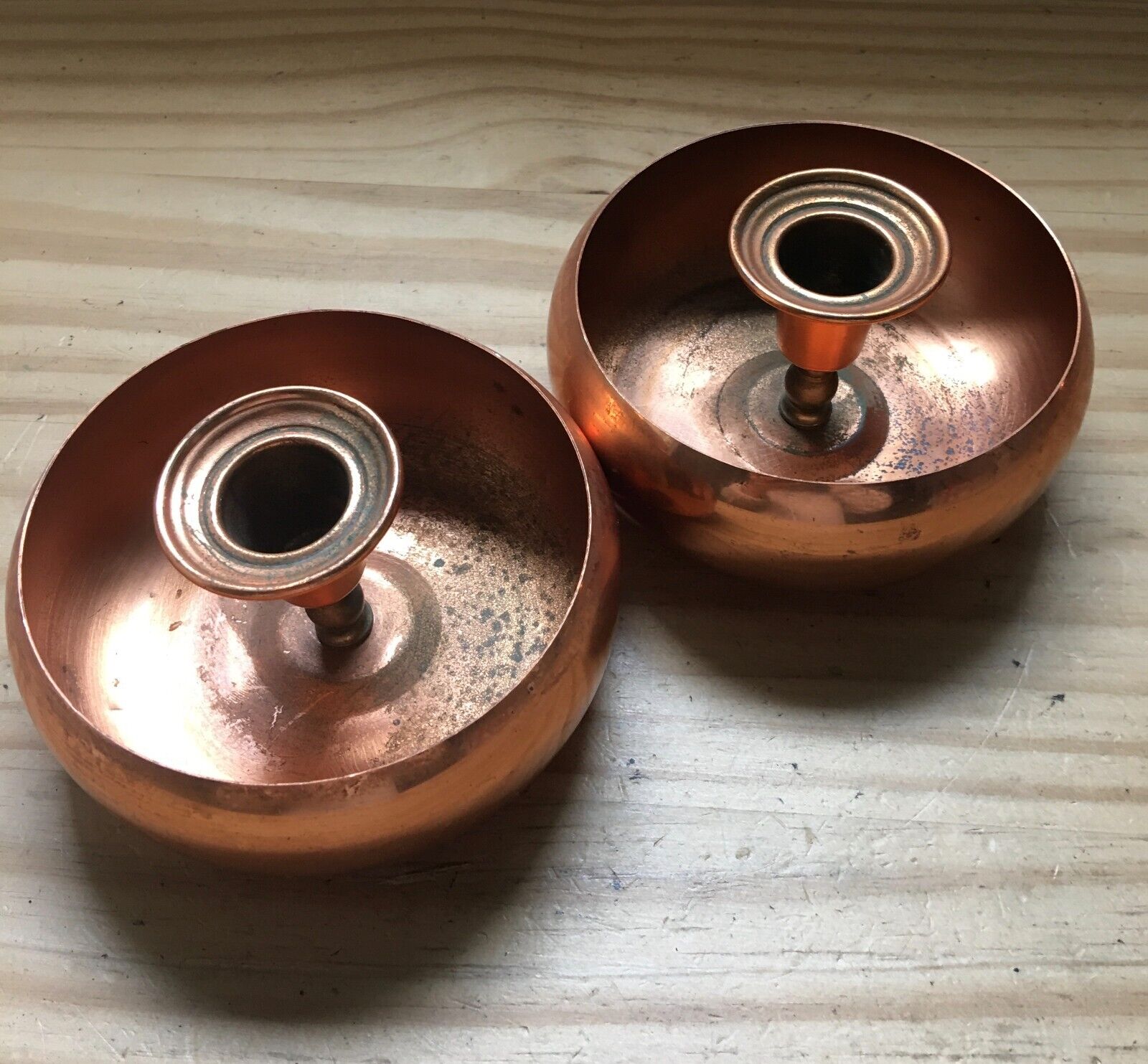 Vintage 1970s 2 Coppercraft Copper Guild Candlestick Candle Holders Round 4.75
