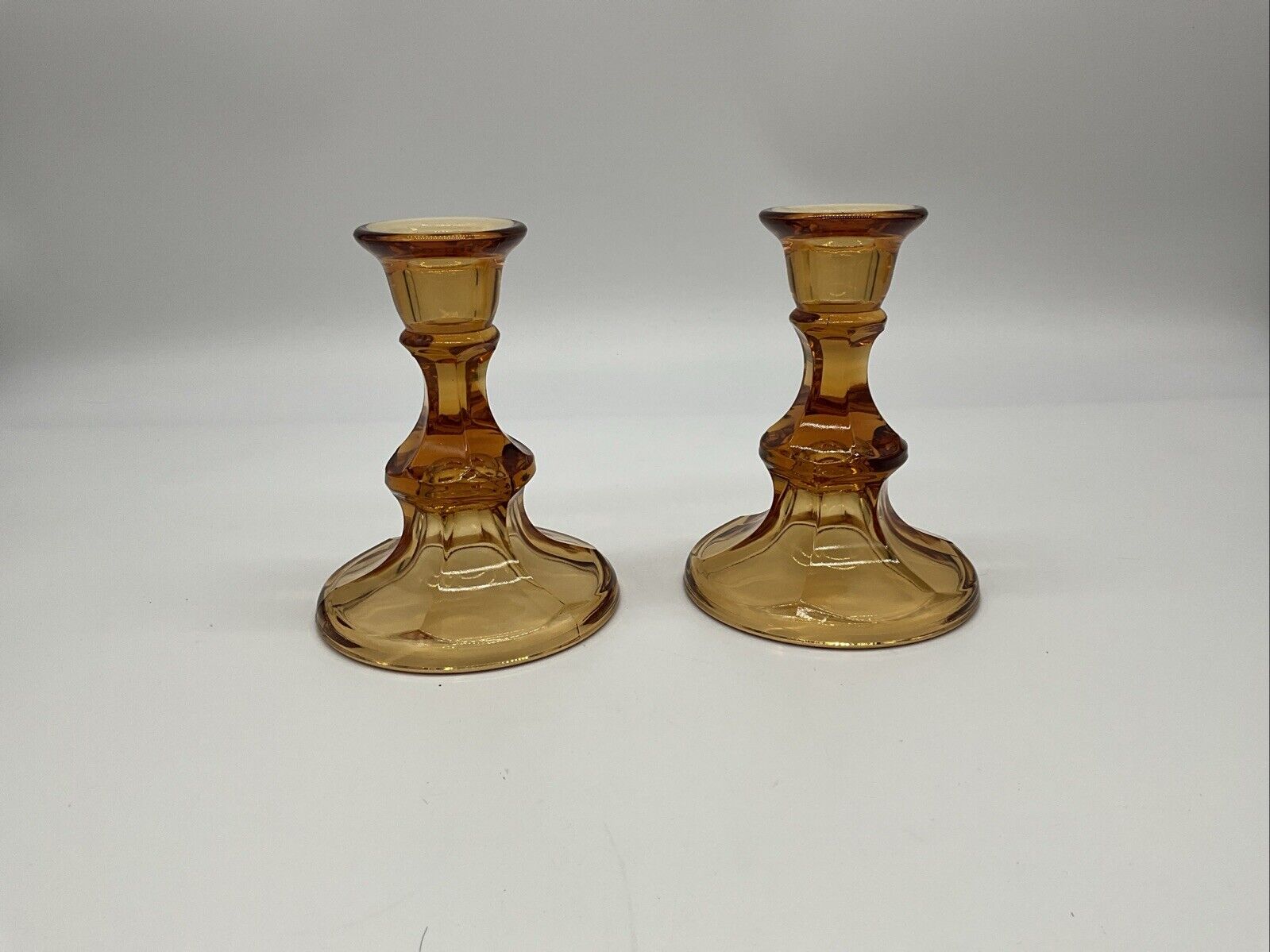 Vtg Pair Of Elegant Honey Amber Colored Glass Candle Holders