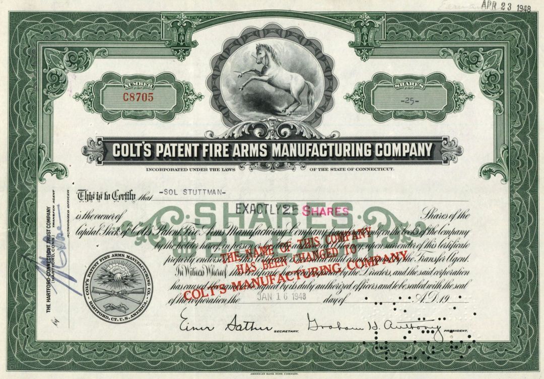Colt\'s Patent Fire Arms Manufacturing Co. - Gun Stock Certificate - Green Color 