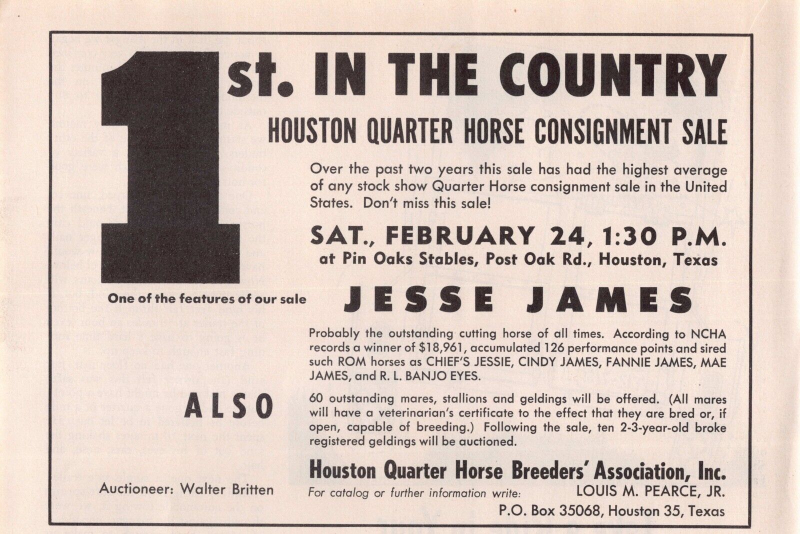 Louis M Pearce Jr Cutting Horse Jesse James Consignment Sale Vintage Print Ad