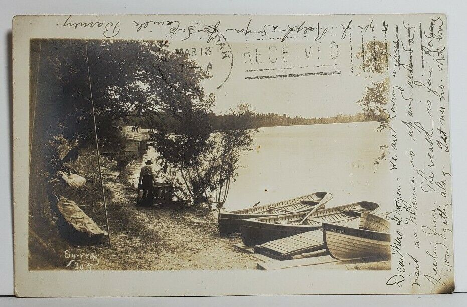 MN Lindstrom Rppc Lake Scene Boats Pier Man 1908 to Pierre SD Postcard N16
