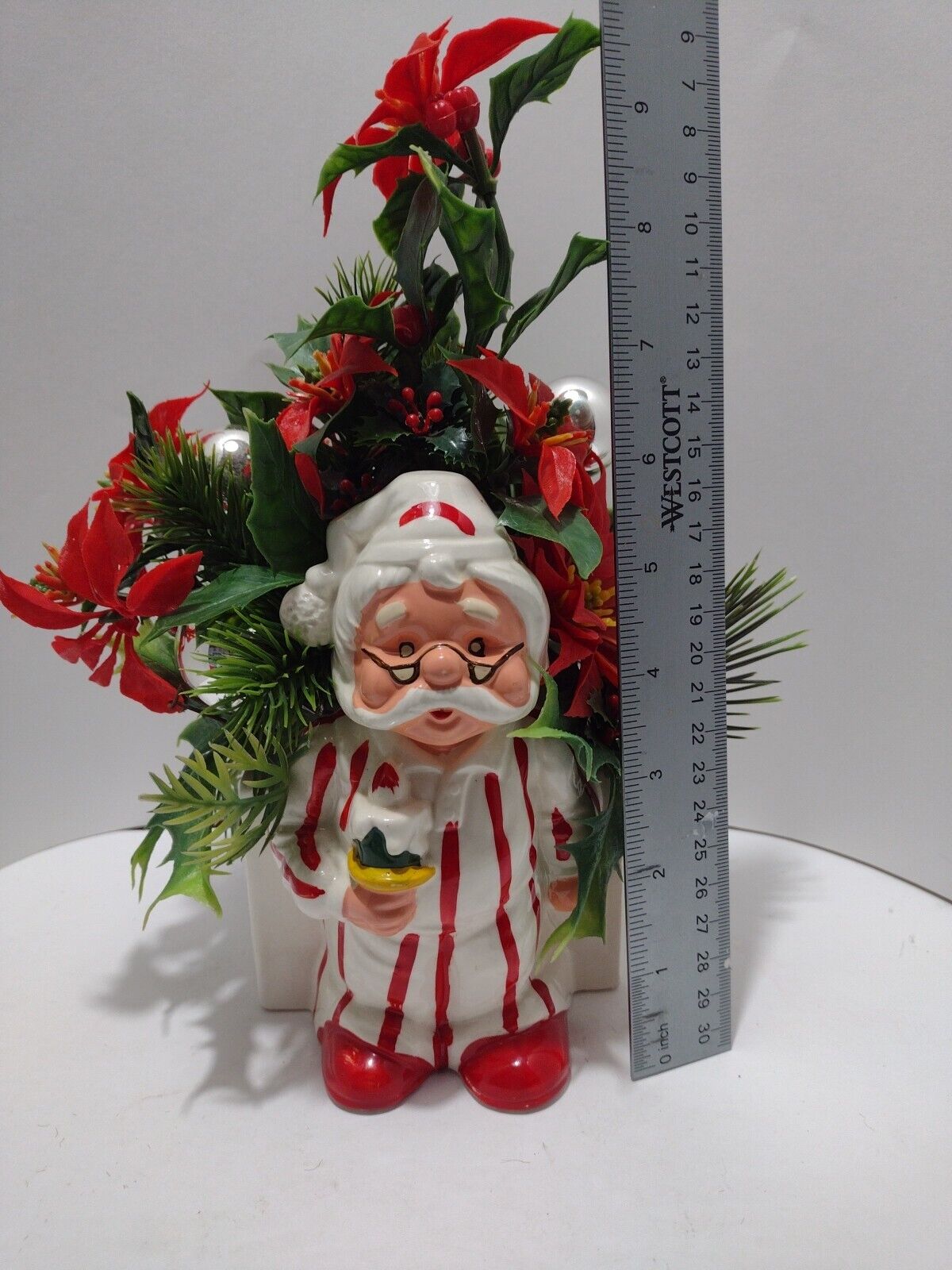 Vintage Inarco Santa Planter In Red & White Striped Pajamas With Plastic...