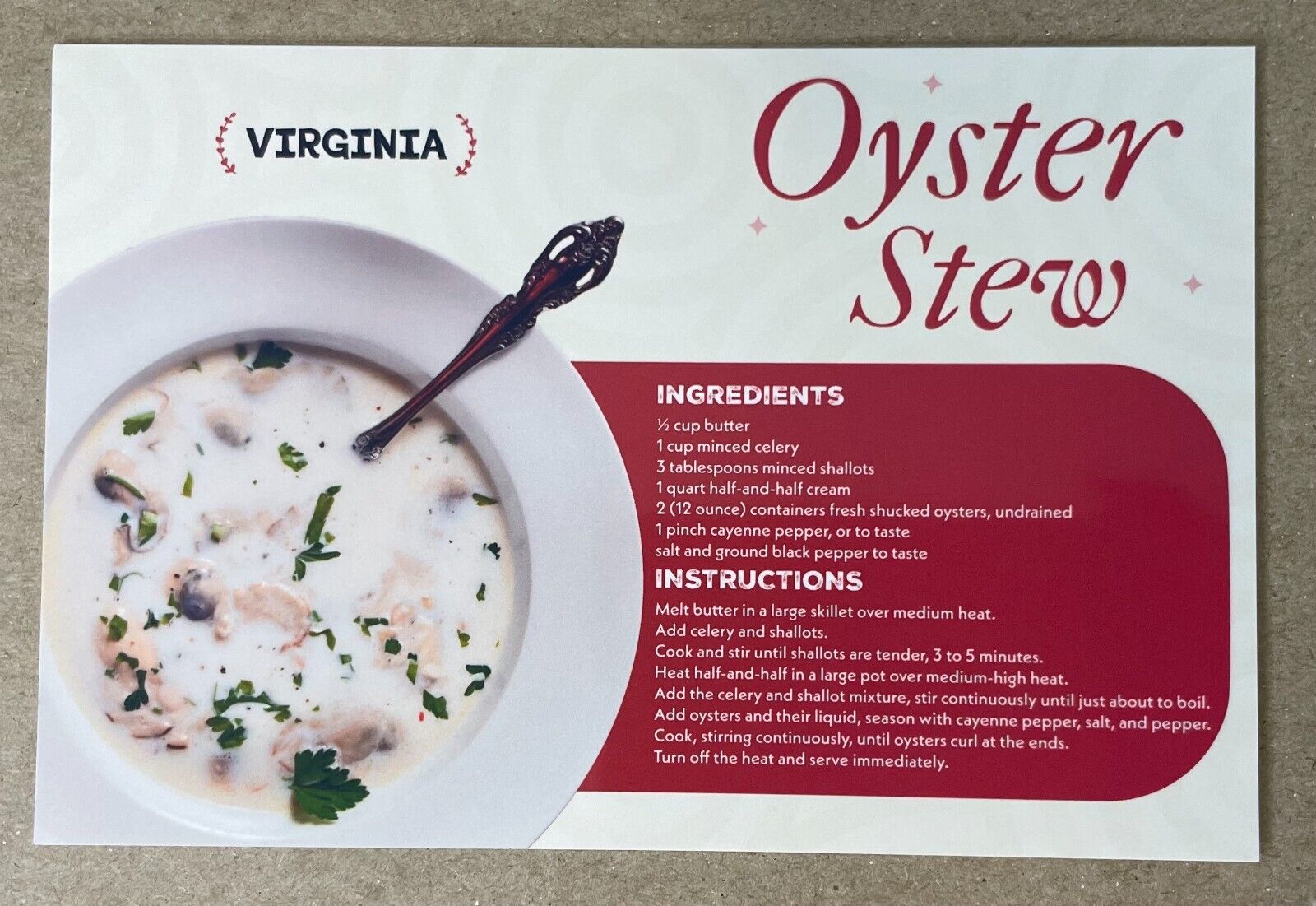 New Postcard 4x6 Virginia Oyster Stew 50 States Famous Recipe Series