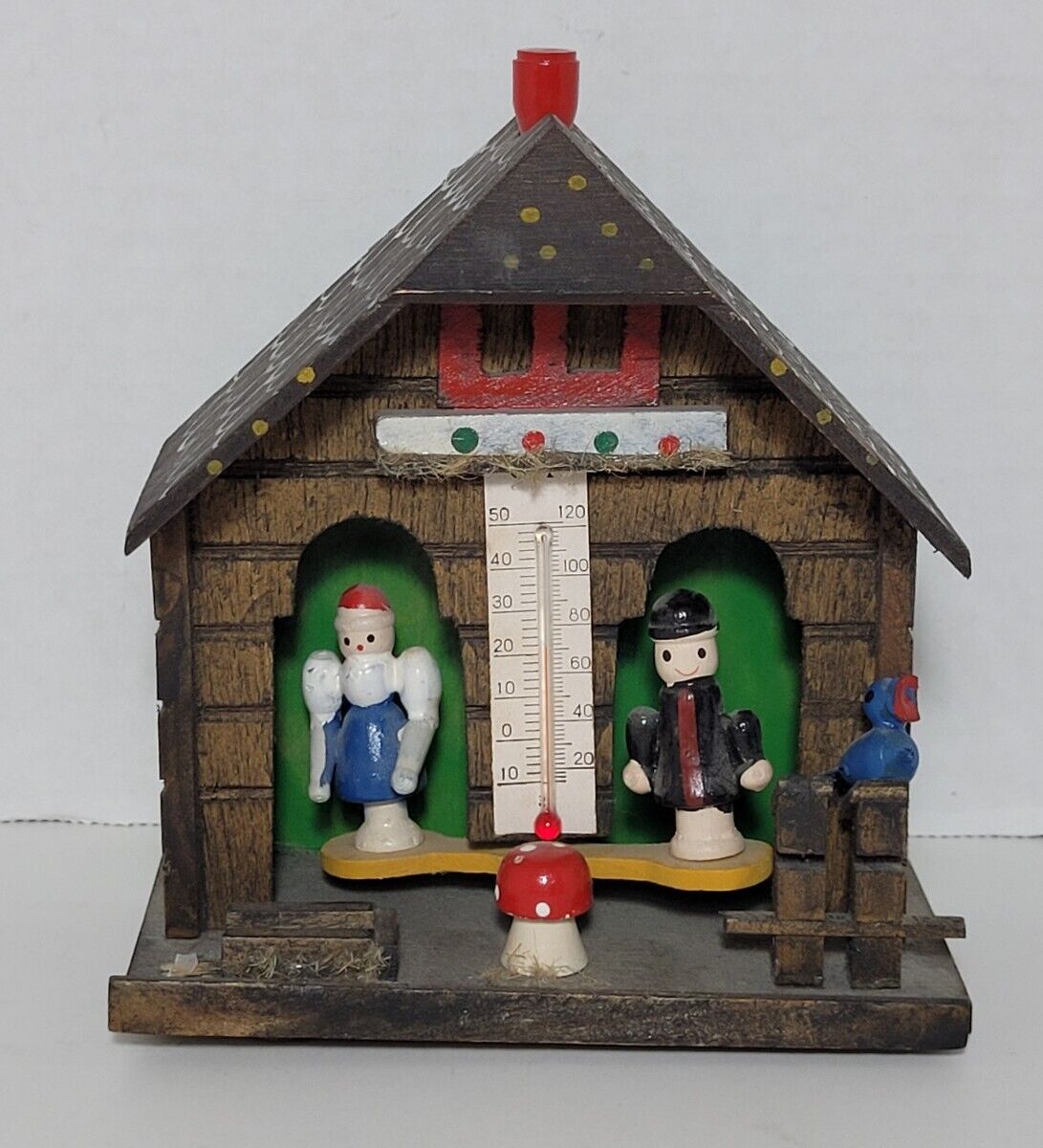 Vintage Wooden Weather House Thermometer German Black Forest