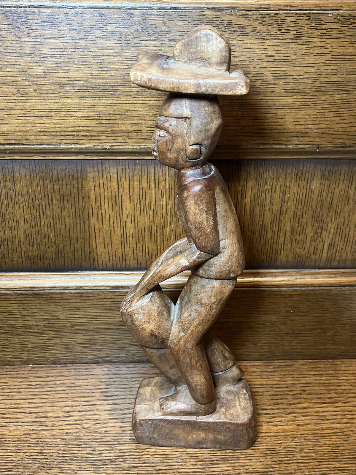 Vintage Man Playing Djembe Drums Tribal African Art Wood Carved Statue Figure