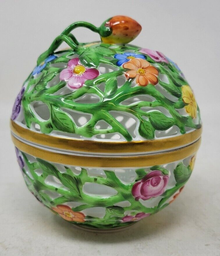 Verdant Large Herend Porcelain Reticulated Box Floral Motif  
