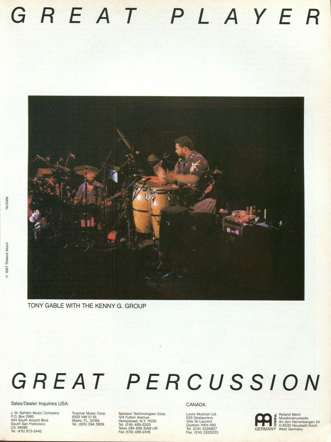 1987 Print Ad of Meinl Percussion w Tony Gable of Kenny G