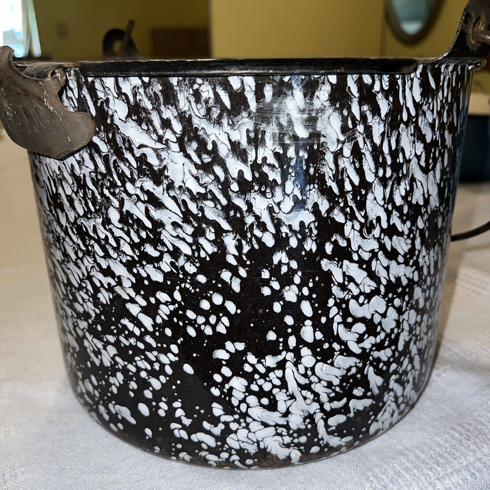 LARGE majestic  Antique Enamel Graniteware Bucket Black And White Swirl Agate