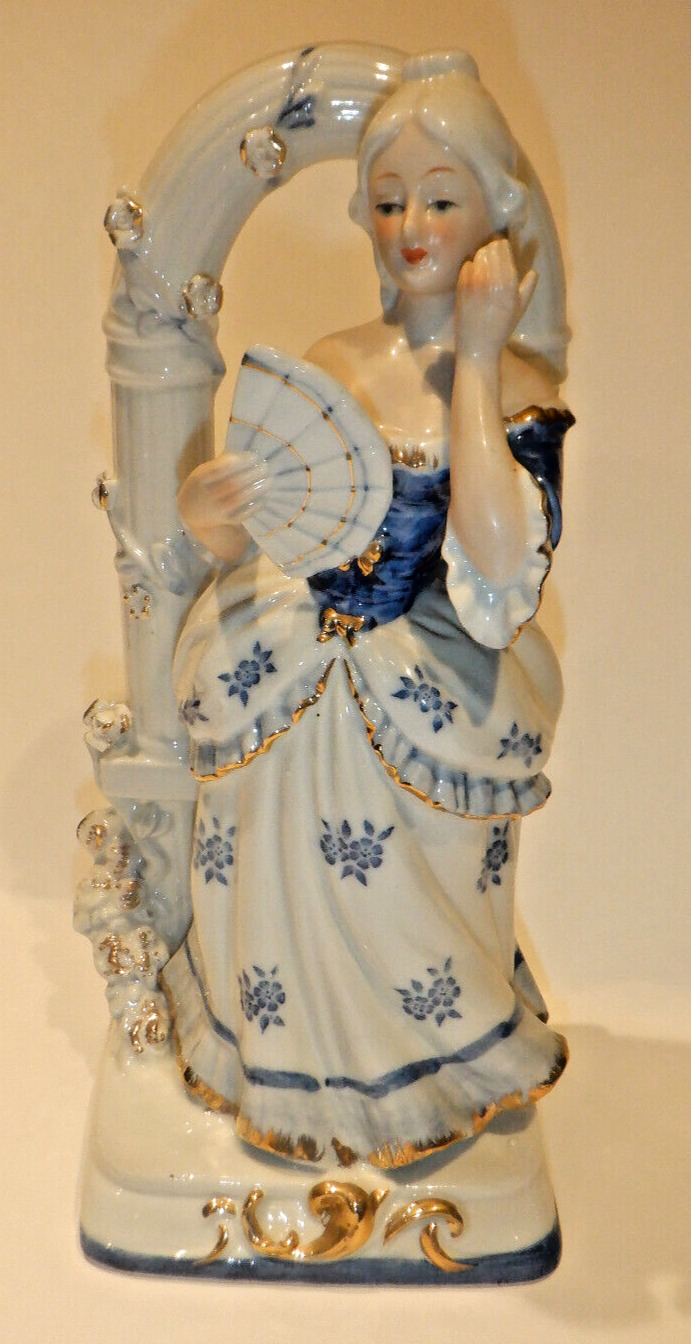Vintage Porcelain Victorian Woman Figurine w/Fan in a Blue Flower Dress 10\