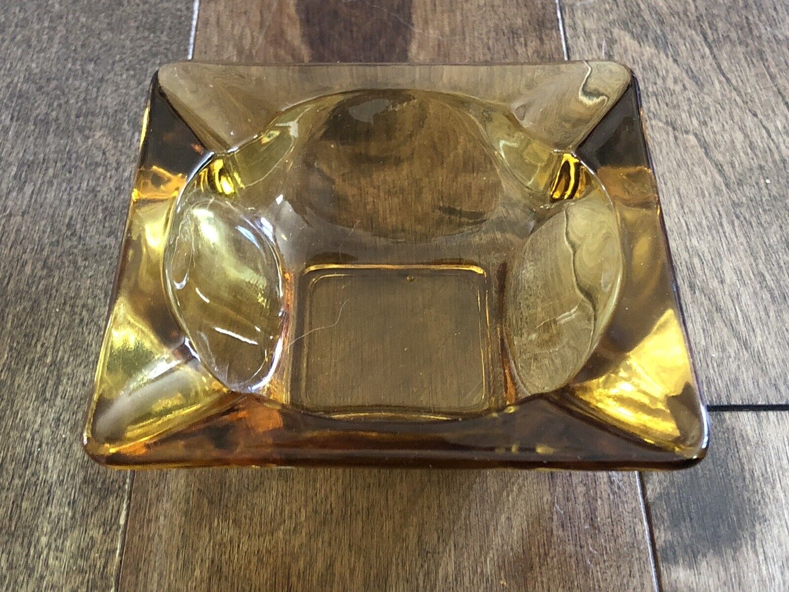Vintage Mid-Century Amber Glass Ashtray Square Shape 4 5/8 X 4 5/8 Four Slots