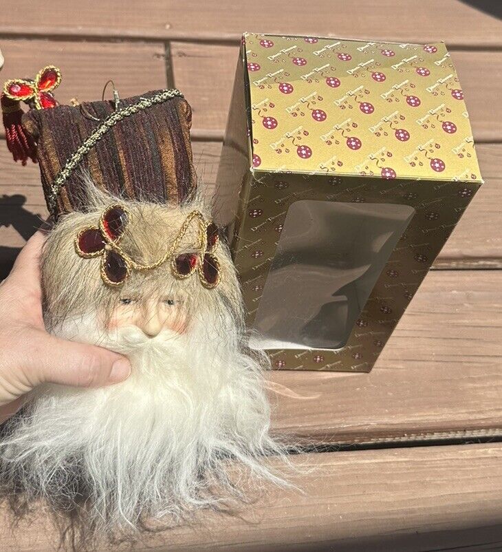 Dillard’s Trimmings Santa Claus W/ Burgundy Hat Gold Trim Full Beard Ornament
