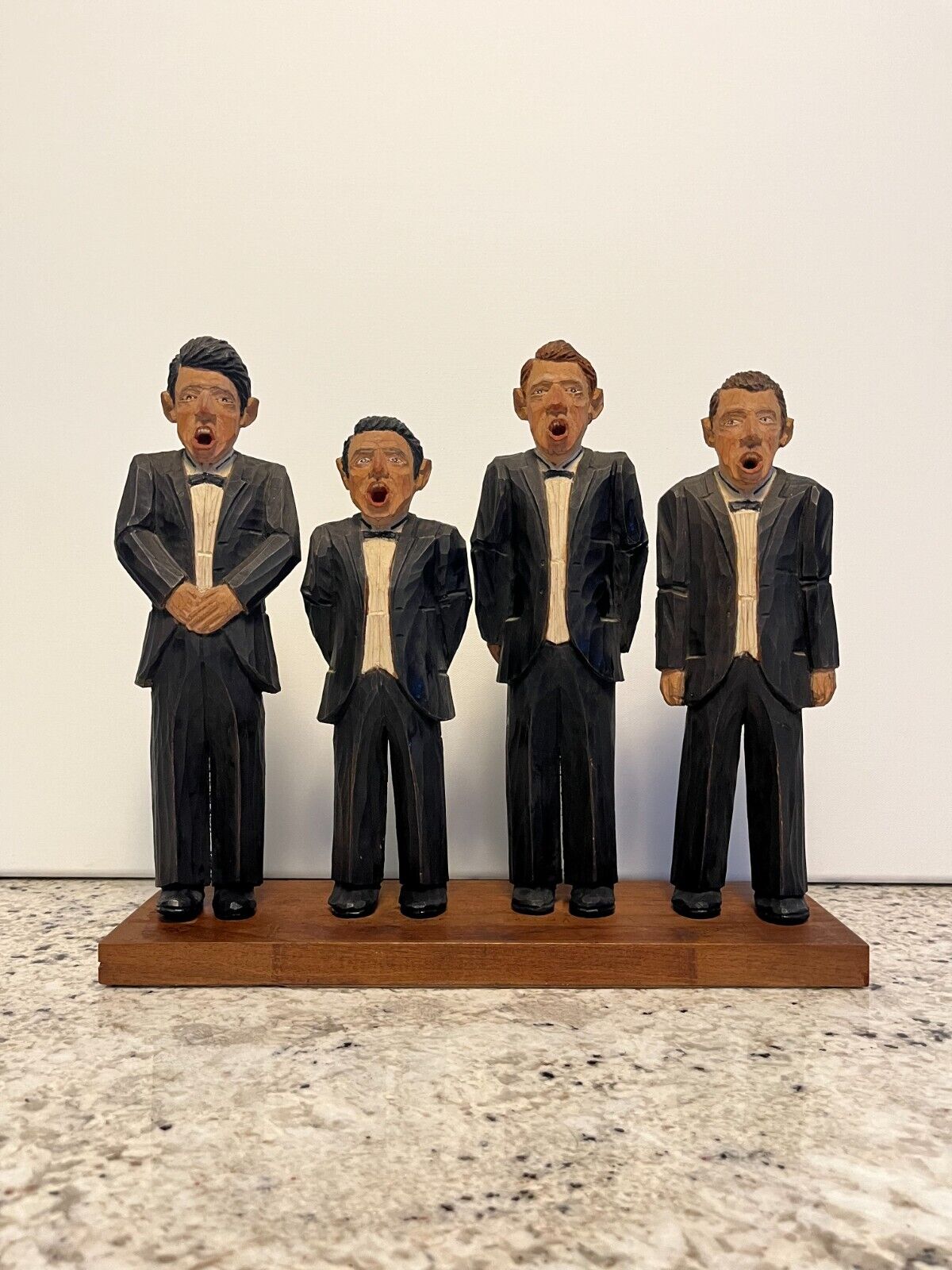 Carved Wood Quartet of Singing Male Caricatures in Tuxedos, Signed by Subjects