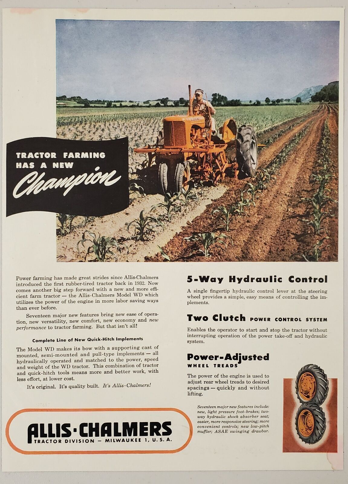 1948 Print Ad Allis-Chalmers Model WD Tractor Farmer in Field Milwaukee,WI