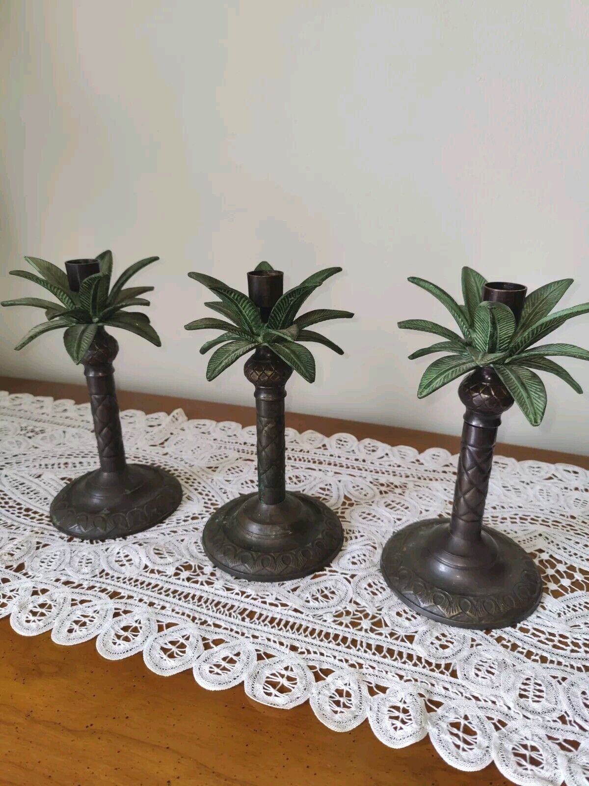 Vintage JC Penny Trio Of Beautiful Brass Palm Tree Candle Stick Holders 9” 